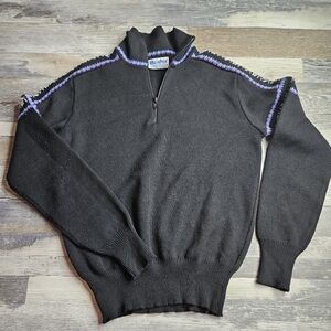 Meister Vintage Sweater Wool Black Quarter Zip Purple Trim Medium